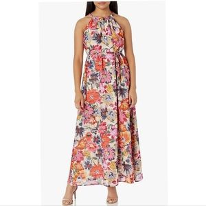 NWT Maggy London Floral Printed Halter Maxi Dress w/ Waist Tie, Size 8
